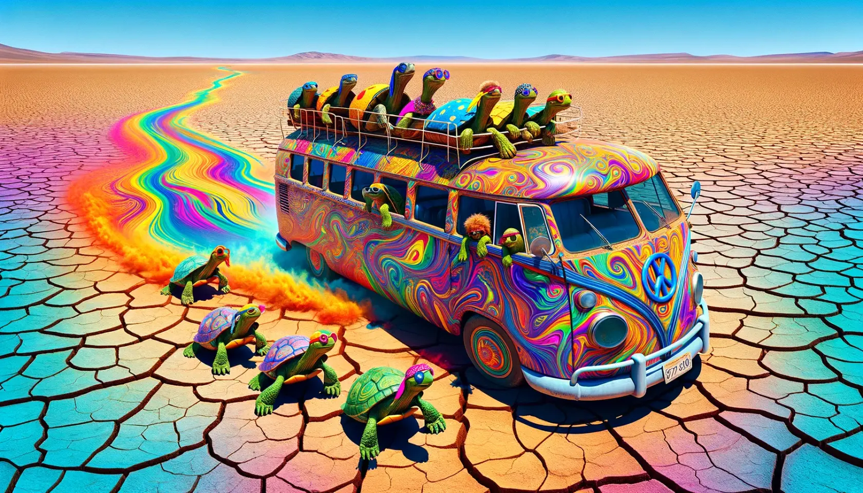 DALL·E 2024-04-29 16.26.32 - A psychedelic and groovy panoramic image of a bus full of turtles driving through a hot, dry lake bed. The bus is vibrantly decorated in a style remin.6630028d66a